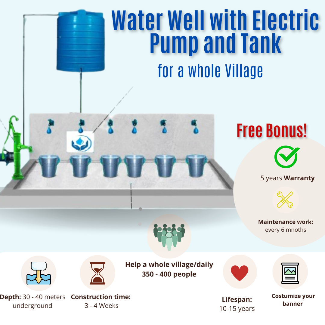 Water Well with Electric Pump and Tank for a whole Village